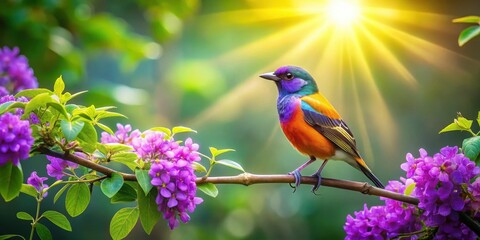 A colorful bird perched on a thin branch with vibrant purple flowers in the background, surrounded by lush greenery and sunlight filtering through the leaves , birds, foliage