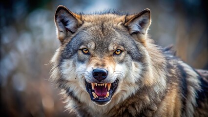 Obraz premium A fierce angry wolf in the wild with its fur fluffed up and teeth bared, beast, wilderness, beast, wilderness