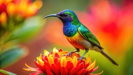 sunbird perched on vibrant flower, its plumage a kaleidoscope of colors, colorful, nature,  colorful, nature, ornithology
