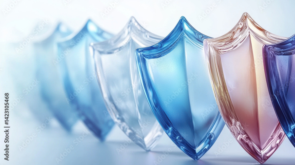 Poster series of translucent shields in various shades of blue and pink, symbolizing protection and securit