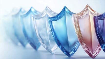 series of translucent shields in various shades of blue and pink, symbolizing protection and security. shields are arranged in line, creating visually appealing gradient effect