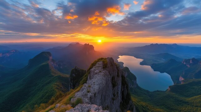 Majestic sunrise over mountain range and lake.  Sunrise over alpine landscape - Powered by Adobe