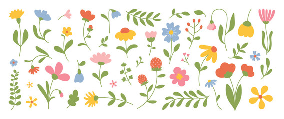 Collection of spring colorful flower elements vector. Set floral of wildflower, leaf branch, foliage on white background. Hand drawn blossom illustration for decor, easter, thanksgiving, clipart.