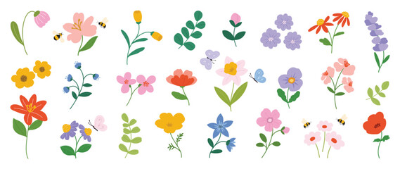 Fototapeta premium Collection of spring colorful flower elements vector. Set floral of wildflower, leaf branch, foliage on white background. Hand drawn blossom illustration for decor, easter, thanksgiving, clipart.