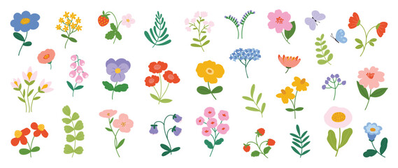 Collection of spring colorful flower elements vector. Set floral of wildflower, leaf branch, foliage on white background. Hand drawn blossom illustration for decor, easter, thanksgiving, clipart.