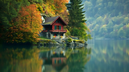 Fototapeta premium Romantisches Holzhaus am Seeufer im herbstlich gefärbten Wald 