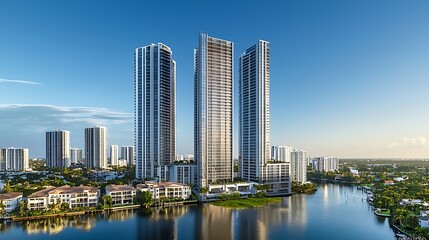 Fototapeta premium Contemporary cityscape featuring modern high-rise buildings along a serene waterway