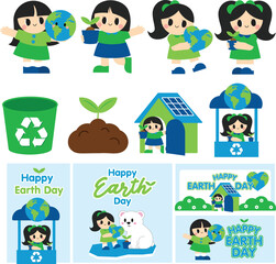 Earth Day, Girl, Planet, Globe, Seedling, Sprout, Recycle, Bin, House, Solar Panel, Wind Turbine, Cute, Cartoon, Green, Blue, Child, Happy, Environment, Nature, Illustration