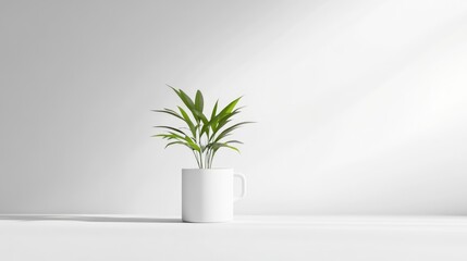 Plant in Mug Minimalist Style High-resolution Soft Lighting Centered Close-up Shot Simple Greenery Peaceful Setting Bright White Tones Ideal for Home Decor Websites