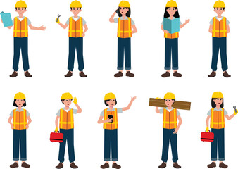 A detailed set of illustrations featuring construction workers wearing safety gear, for industry visuals, labor day themes, educational materials, and construction project designs.