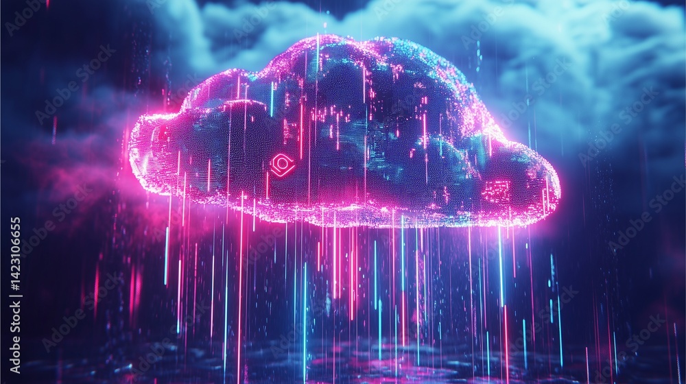 Poster cyber cloud: a digital interpretation of a cloud in a dramatic, neon-lit, rendering, showcasing the 