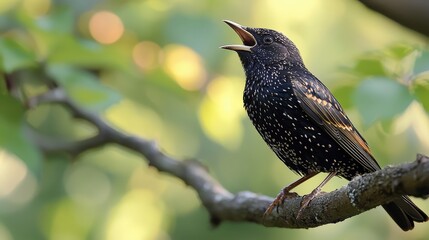 Close-up of a starling singing in a tree.