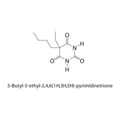 5-Butyl-5-ethyl-2,4,6(1H,3H,5H)-pyrimidinetrione skeletal structure. Pyrimidinetrione compound schematic illustration. Simple diagram, chemical formula. © Basstock