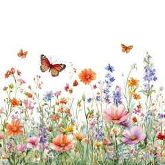 A vibrant illustration featuring a variety of flowers and butterflies against a black background, showcasing nature's beauty and color.