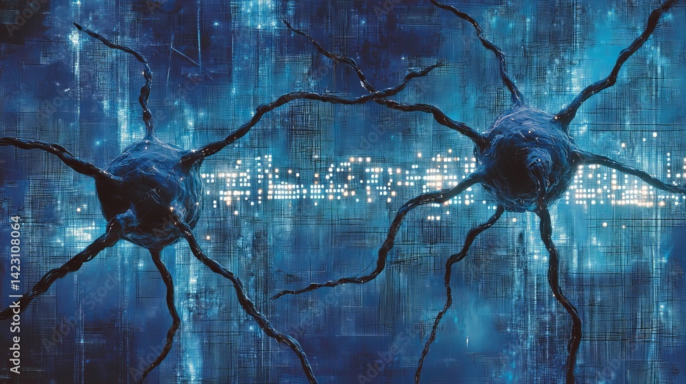 Poster abstract neural network digital art background blue technology web data wire node dark line brain