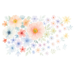 Obraz premium A vibrant arrangement of pastel-colored flowers, showcasing various shapes and sizes, surrounded by delicate leaves.