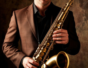 Naklejka premium Jazz Musician Holding Saxophone – Studio Portrait in Warm Lighting