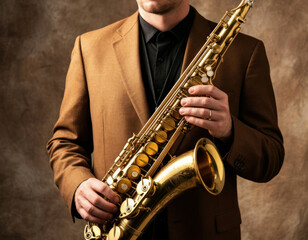 Naklejka premium Jazz Musician Holding Saxophone – Studio Portrait in Warm Lighting