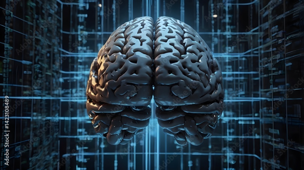Poster digital brain: a metallic human brain floats in a futuristic digital matrix, representing artificial