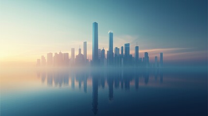 Fototapeta premium Metropolitan Horizon's Dreamscape: A breathtaking, surreal cityscape silhouette, its high-rise structures mirrored in the serene water below, bathed in a soft, ethereal glow of the dawn.