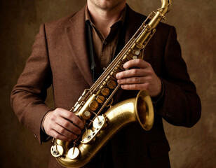 Fototapeta premium Jazz Musician Holding Saxophone – Studio Portrait in Warm Lighting
