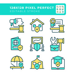 Human right protection pixel perfect line color icons set. Legal freedoms and safety. Law authority for equality. Vector illustrations. Simple flat colorful symbols collection. Editable stroke