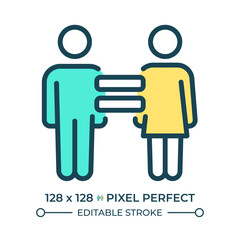 Right to equality pixel perfect line color icon. Equal opportunities and freedoms genders. Law regulation authority. Isolated vector illustration. Flat colorful symbol design. Editable stroke