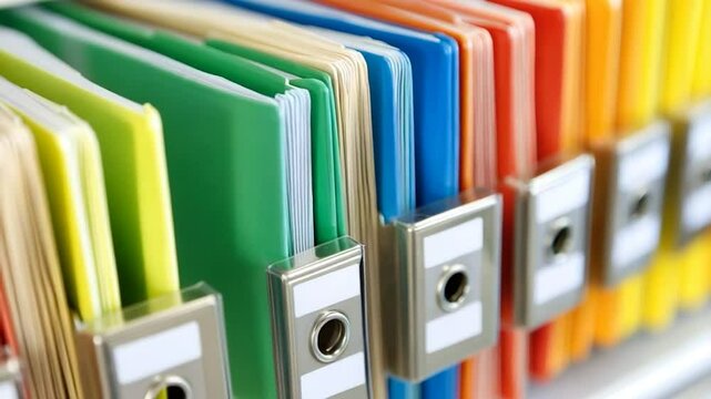 Colorful files in a metal filing cabinet