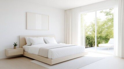 Minimalist bedroom with patio view