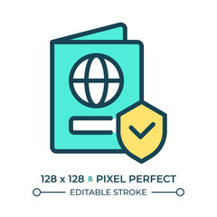 Right to nationality pixel perfect line color icon. Legal citizenship service. Stop discrimination. Human freedoms. Isolated vector illustration. Flat colorful symbol design. Editable stroke