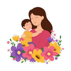 Vector illustration of mother hugging her son on transparent background