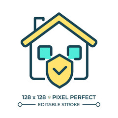 Right to own property pixel perfect line color icon. Laws protecting ownership. Legal buying and selling real estate. Isolated vector illustration. Flat colorful symbol design. Editable stroke