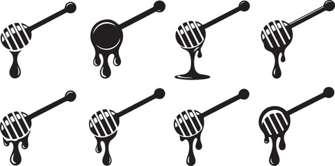 Honey Dripper Silhouette Vector Pack with Sweet Beehive Nature Icons in Black Minimal Style