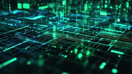 A futuristic digital grid with glowing green coding elements and floating environmental data icons, representing smart technology and sustainability