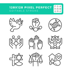 Basic human rights pixel perfect line icons set. Peace, freedom and equality for citizens. People protection. Isolated vector outline illustrations. Thin lineart iconset symbols. Editable stroke