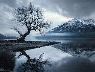 Lonely tree reflected in calm lake water, snowy mountains in background