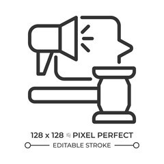 Right to fair public hearing pixel perfect line icon. Access to equal trail. Court witness listening process. Isolated vector illustration. Outline symbol. Simple linear drawing. Editable stroke