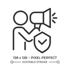 Freedom of opinion and information pixel perfect line icon. Free thoughts expression. Human rights protection. Isolated vector illustration. Outline symbol. Simple linear drawing. Editable stroke