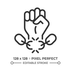 Freedom from slavery pixel perfect line icon. Stop trafficking and exploitation. Human rights. Fist breaking chain. Isolated vector illustration. Outline symbol. Simple linear drawing. Editable stroke