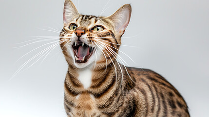 Fototapeta premium A cat with its mouth open and teeth bared, looking at the camera