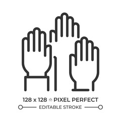 Obraz premium Right to participate in government and in free elections pixel perfect line icon. Voters raised hands group. Isolated vector illustration. Outline symbol. Simple linear drawing. Editable stroke