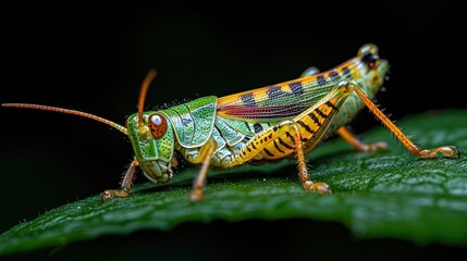Vibrant multicolored grasshopper perched on a leaf.