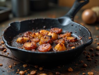 Cooking sliced plantains in a cast iron skillet at a cozy kitchen setting