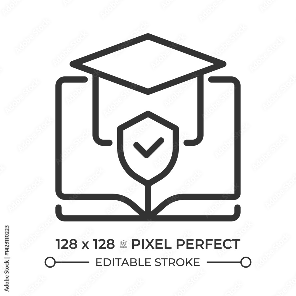 Poster right to education pixel perfect line icon. open textbook with mortarboard. equal access to learning
