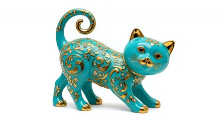 Close Up of a Decorative Turquoise and Gold Cat Figurine on a White Background with an Elegant Pattern Detailing Ornament Sculpture and Studio Lighting Accentuating its Artistic Design