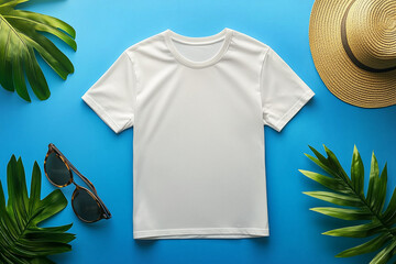white basic t-shirt mockup on bright blue background with straw hat, sunglasses and tropical palm leaves flat lay