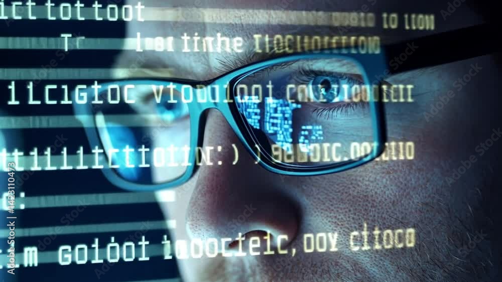 Poster close up of a man focusing on computer code on screen