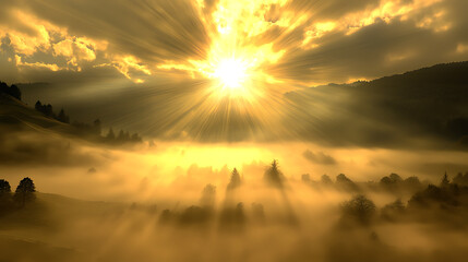 Fototapeta premium A sun is shining through the fog on a mountain