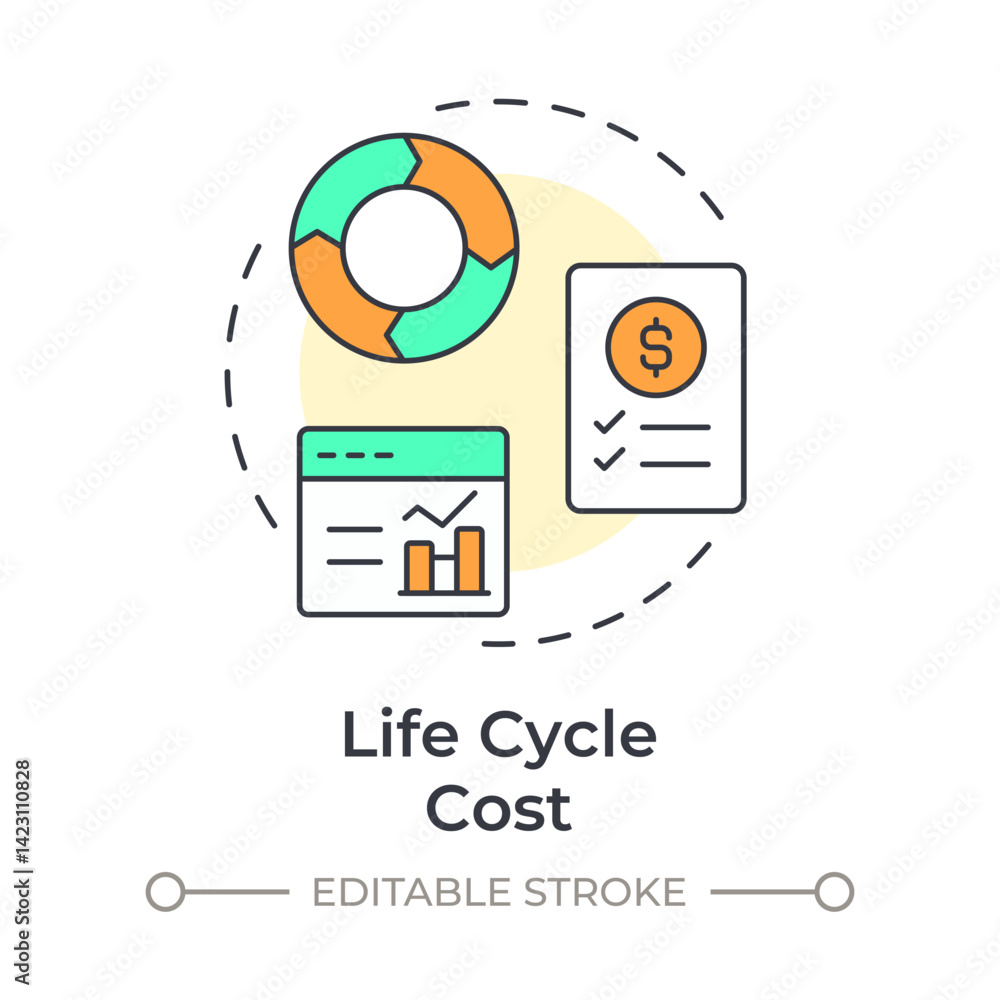 Poster life cycle cost multi color concept icon. statistical metrics, chart. budget, bill. round shape line