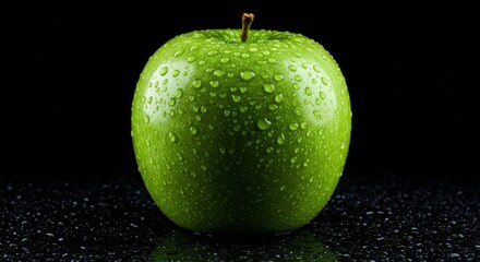 Glossy Green Apple with Reflections on Dark Surface